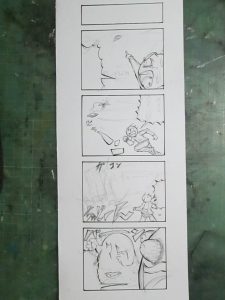 四コマ漫画のペン入れ途中の画像
